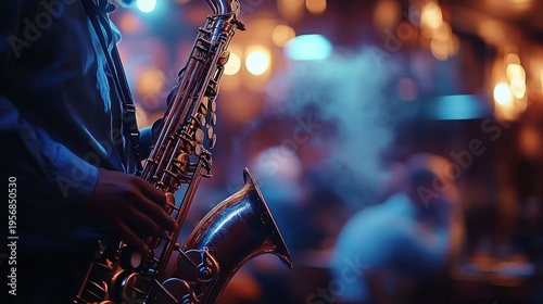 Close-up of a saxophonist playing a saxophone in a smoky, moody jazz club with warm bokeh lights and an intimate, soulful atmosphere