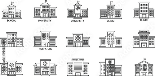 Public Service Building Icon Set with School, University, Hospital, Court, Office, Bank, and Community Facility Outline Illustrations