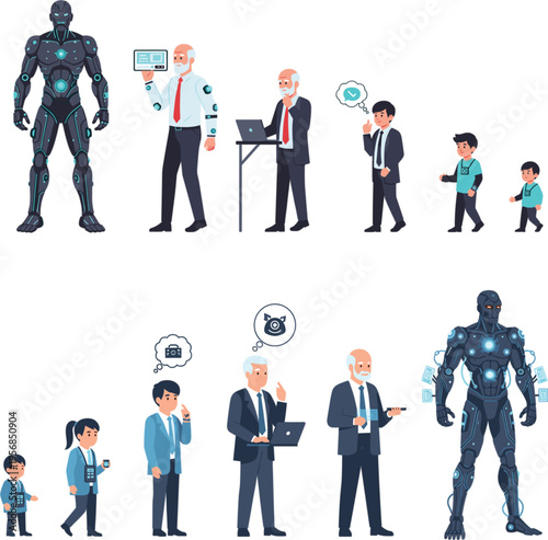Large vector collection of human life stages from childhood to senior business professional alongside advanced futuristic cyborg robot characters isolated