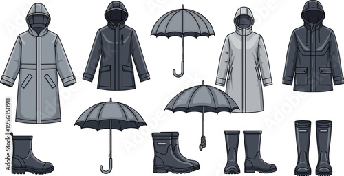 Rainy Season Clothing and Accessories Vector Set with Hooded Raincoats Umbrellas Rubber Boots and Waterproof Outerwear Collection