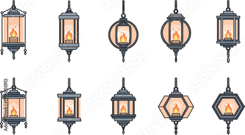 Large vector collection of ornate vintage hanging lanterns and decorative glass lamps with glowing fire flame isolated on white background
