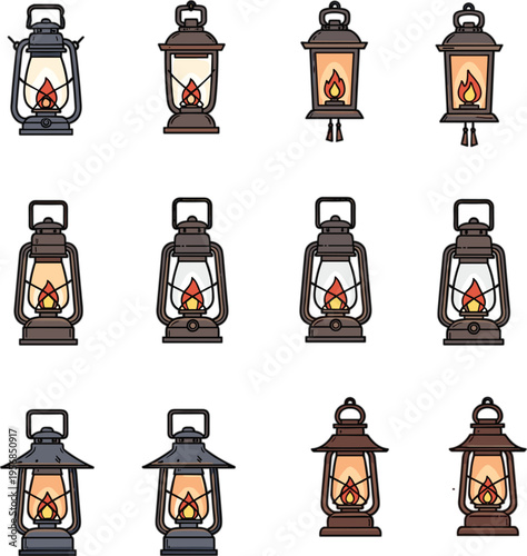 Large vector collection of vintage oil lanterns and rustic camping lamps with glowing fire flame isolated on white background
