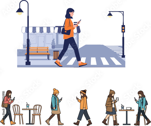 Large vector collection of young women walking on city streets using smartphones and drinking coffee for urban lifestyle concepts