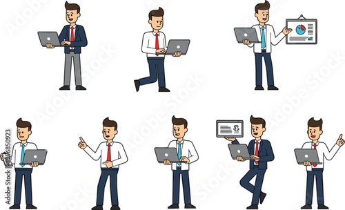 Large vector collection of professional businessman characters using laptops giving presentations and working in various office poses isolated
