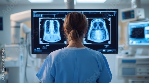 medical professional in blue scrubs studies chest x-rays on dual monitors in a radiology room, focused and attentive while reviewing lung images