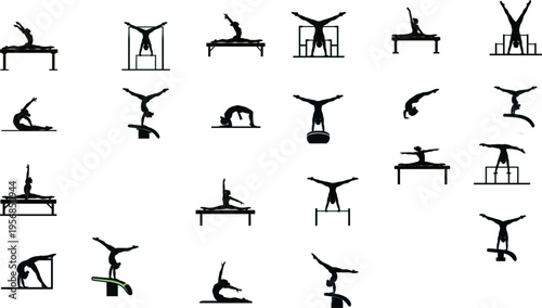 professional gymnast silhouette vector icons featuring various athletic poses on balance beams and artistic gymnastics equipment