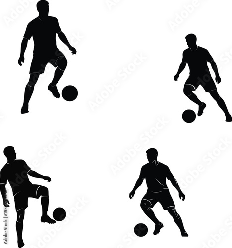 Professional soccer player silhouette vector set featuring four male athletes dribbling and juggling footballs for sports graphic design projects