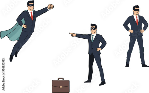Professional superhero businessman character vector set featuring male executive in suit flying wearing mask and cape for success