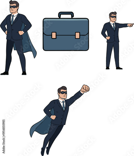 Professional superhero businessman character vector set featuring male executive in suit flying wearing mask and cape with briefcase
