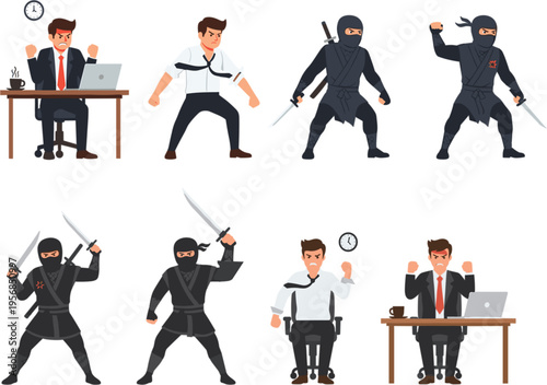 Professional vector illustration set featuring angry office businessmen characters and skilled ninja warriors with swords for corporate competition