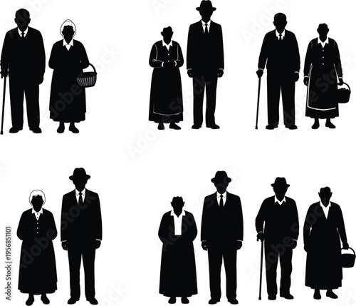Set of black vector silhouettes of elderly couples and senior citizens walking together isolated on white background for family and retirement concepts