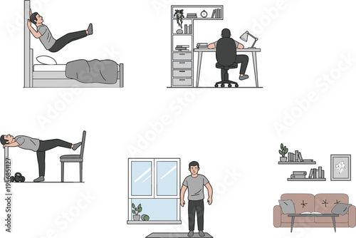 Set of flat vector illustrations featuring a male character exercising at home and working at a desk for wellness concepts
