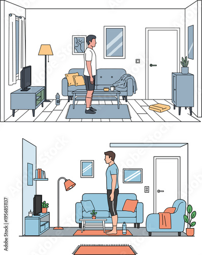 Set of flat vector illustrations featuring a male character standing in a modern living room for home lifestyle and interior design concepts
