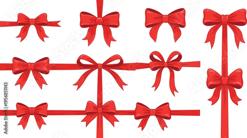 Red Ribbon Bow Set with Gift Wrapping Elements Decorative Knots and Festive Ribbons for Holiday Packaging Birthday Presents and Celebration Design