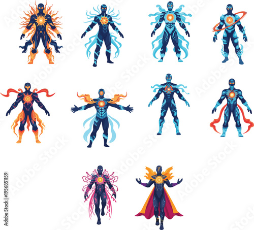 Set of futuristic cosmic superhero characters with glowing energy cores and elemental power effects for gaming designs