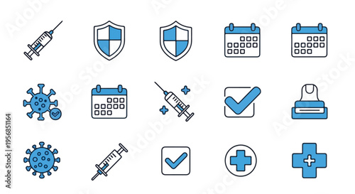 Flat lay of various blue and white icons representing World Immunization Week on a clean white background