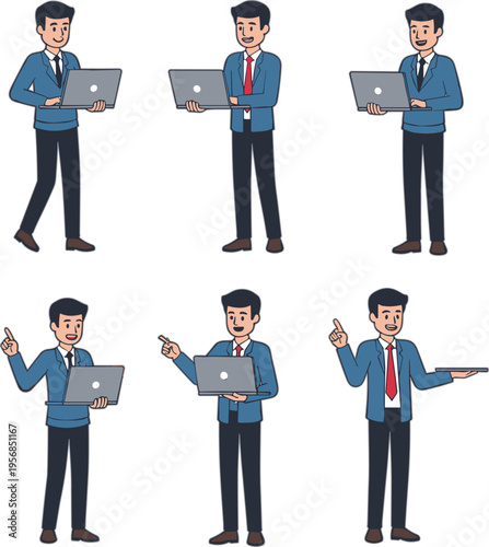 Set of professional businessman character in blue suit using laptop and giving presentations in various office poses isolated vector illustration