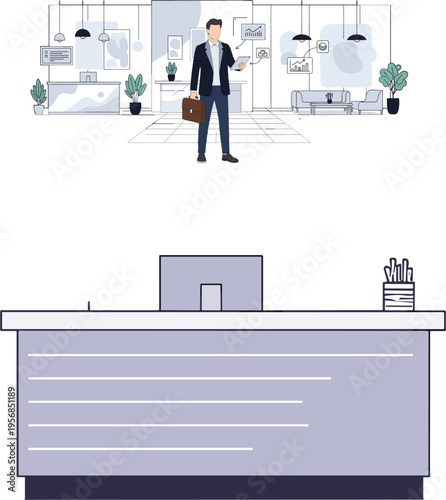Professional businessman character standing in modern office interior with front view of work desk isolated vector illustration set