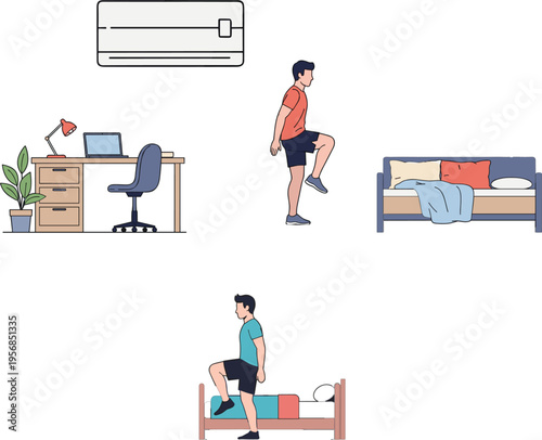 Vector collection featuring male character exercising at home with bedroom furniture and office desk for indoor fitness and wellness concepts