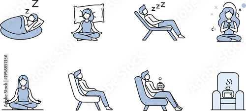 Relaxation Activities Icon Set with Sleeping Reading Meditation and Resting People for Wellness Lifestyle Stress Relief and Self Care Illustration