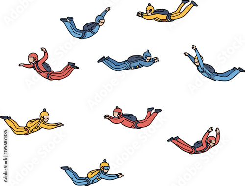 vector collection of professional skydivers in colorful jumpsuits performing freefall maneuvers isolated on white background