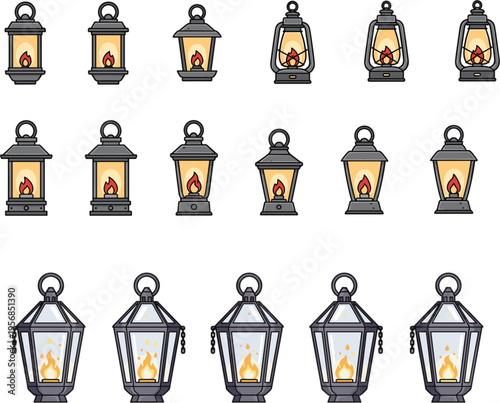 vector collection of vintage oil lanterns and ornate hanging glass lamps with glowing fire flame isolated on white background