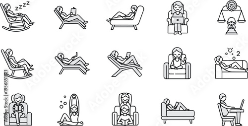 Relaxation and Rest Line Icon Set with Sleeping People Bath Meditation Yoga and Leisure Activities for Wellness Lifestyle Design and Stress Relief Illustration