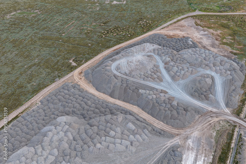 Aerial view of huge piles of crushed limestone prior to processing for cement manufacturing