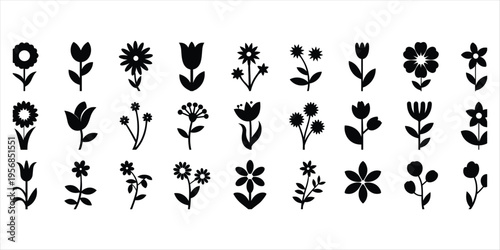 Assortment of black silhouette flower icons in rows on a white background Keywords: flower, icon, silhouette, black, white