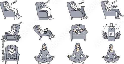 Relaxing at Home Illustration Set with People Sleeping Meditating and Resting in Armchairs for Cozy Lifestyle Wellness and Stress Relief Design