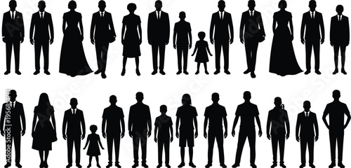 Black Silhouette Figures of Men Women and Children in Formal and Casual Attire vector illustration