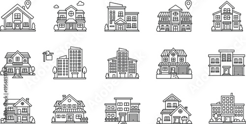 Residential Building and Urban House Icon Set with Modern Homes, Apartment Blocks, Real Estate Properties, and City Architecture Outline Symbols