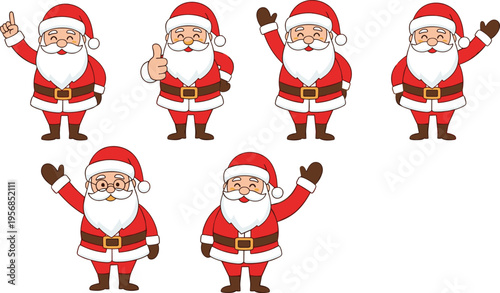 Santa Claus Cartoon Set with Different Poses, Waving, Pointing, and Smiling Christmas Character for Holiday Illustration, Festive Design, and Winter Celebration Concepts