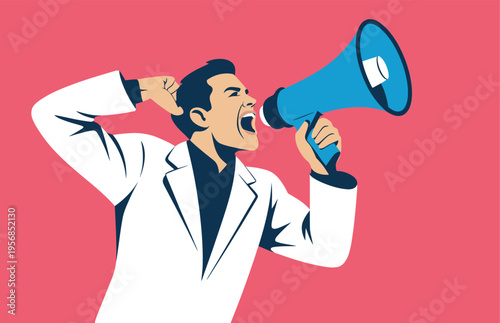 A man in a white lab coat shouts urgently through a blue and white megaphone. 