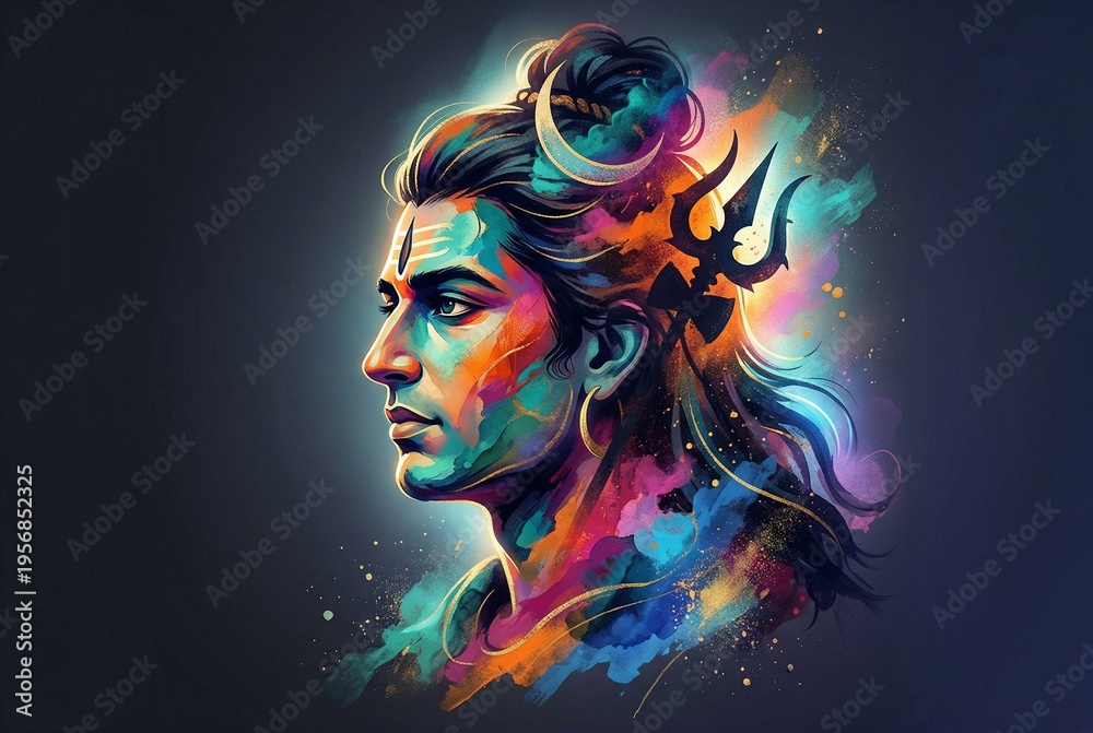 Fototapeta premium An 8K artistic spiritual illustration featuring a side-profile portrait inspired by divine symbolism, with vibrant paint textures, trident and crescent moon motifs, set against a deep gradient