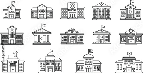 School Building Icon Set with Education Campus, Academy Facades, University Structures, Library Fronts, and Institutional Architecture Outline Illustrations