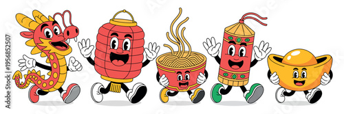 Cheerful retro-style characters represent traditional symbols of the Chinese New Year celebrations. 