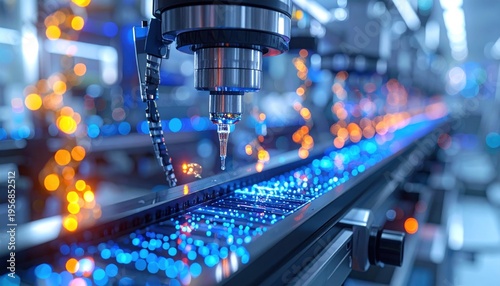 Precision Manufacturing - Automated CNC Machine in Operation with Blue Lighting.