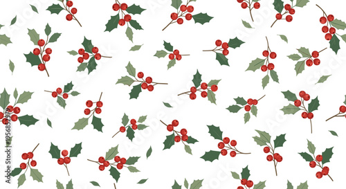 Seamless Holly Berry Pattern with Green Leaves and Red Berries for Christmas Background, Holiday Decoration, Festive Wrapping Paper, and Winter Seasonal Design