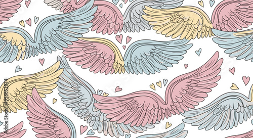 Seamless Wing Pattern Vector with Pastel Angel Wings, Hearts and Hand Drawn Feathers for Decorative Background, Textile Design and Romantic Illustration