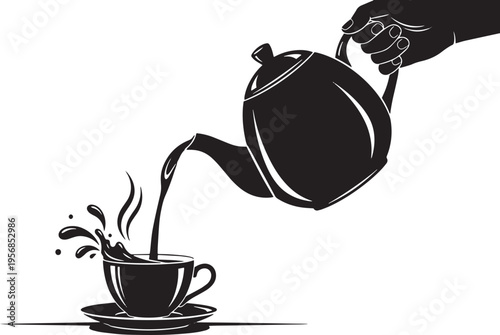 Vintage style illustration of a teapot and cup with hot tea in a simple elegant design