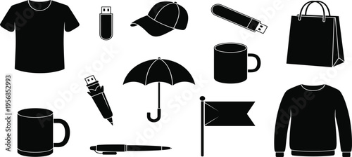 Black Silhouettes Of Common Objects Including Apparel And Promotional Items icon illustration