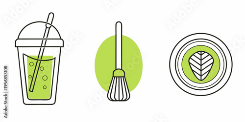 Minimalist illustration of a smoothie whisk and matcha bowl design