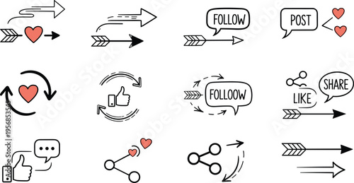 Social Media Interaction Icon Set with Like Share Follow Comment Arrows and Engagement Symbols for Digital Marketing Communication and Online Networking Design