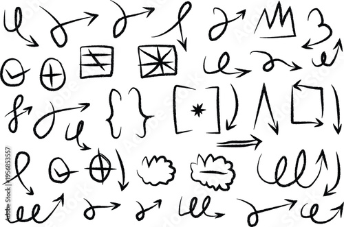 Collection of hand-drawn arrows, symbols, and doodles in black and white, perfect for graphic design and creative projects