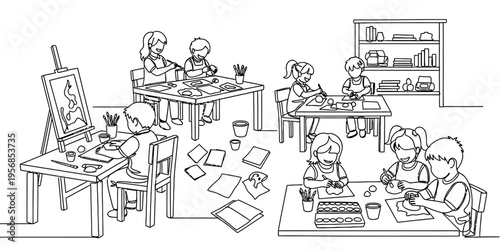 Continuous Line Drawing of Children Painting and Crafting in Art Class
