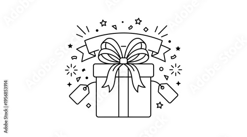 Gift Box with Bow Banner Price Tags and Confetti