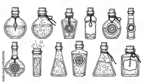 Mystical Potion Bottles Engraving Style Black and White Vector Illustration Set