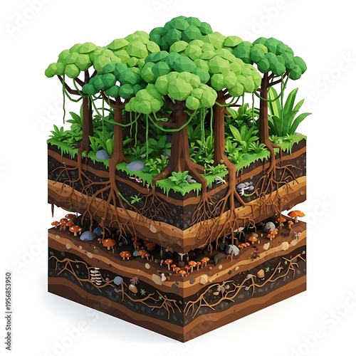 Cross-section of a lush forest ecosystem showcasing vibrant plant life and intricate underground root systems with diverse fungi