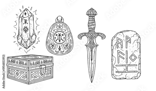 Ancient Magical Relics Line Art Vector Illustration Black and White Outline Set